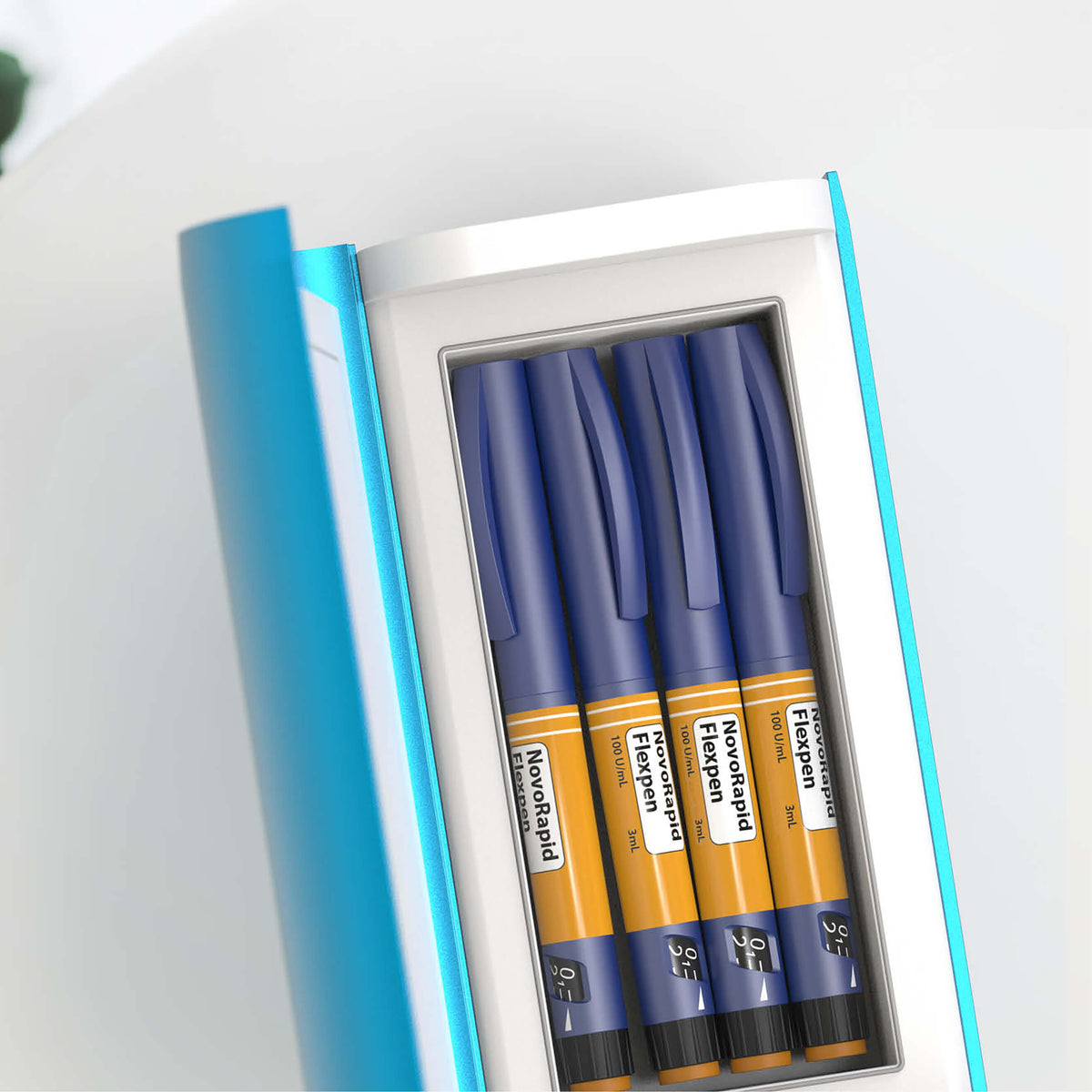 Lifeinabox with the lid open and refrigerated medication stored inside.