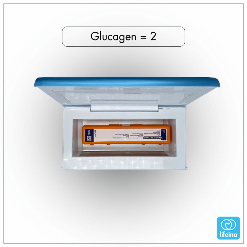 2 injections of Glucagen in a lifeinabox medication cool box