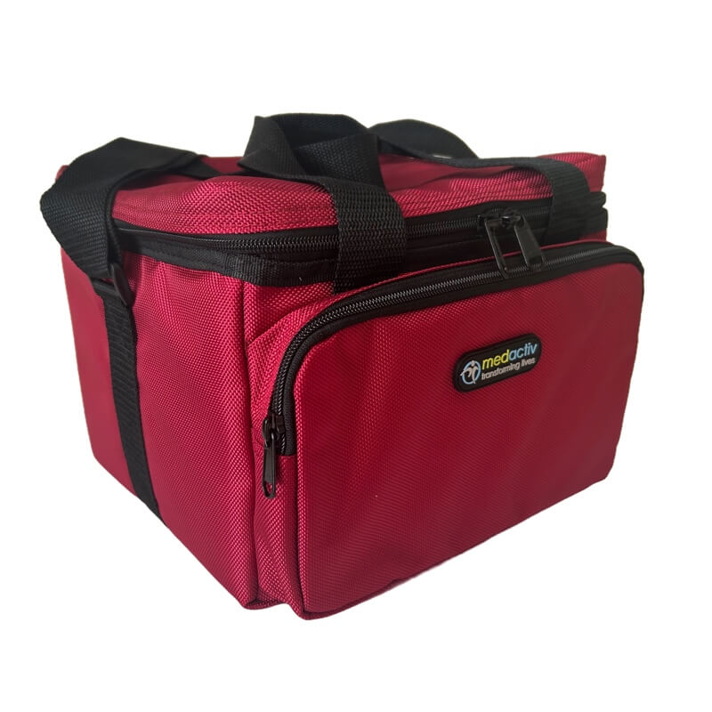 front view of a large red medication cooling bag from medicooler and medactiv
