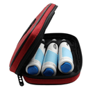 product photo of a red medication cooling bag containing 3 refrigerated injection pens.