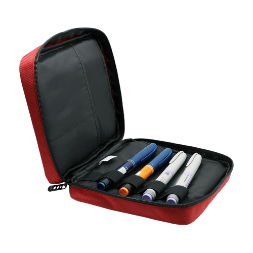 red medication cooling bag for 5 injections that stays cool below 8 degrees for 24 hours